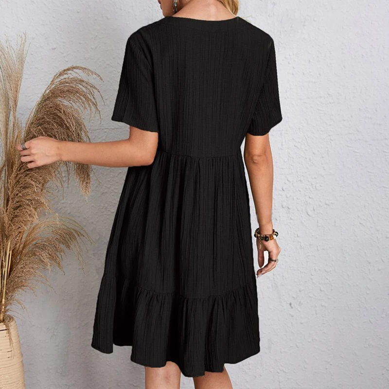 Boho Loose Solid Short Sleeve V-Neck Sundress — Image 23