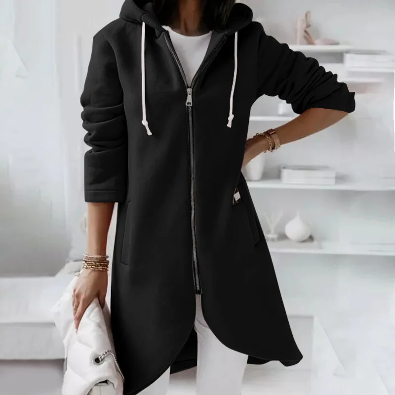 Solid Autumn Long Coat with Zipper — Image 13