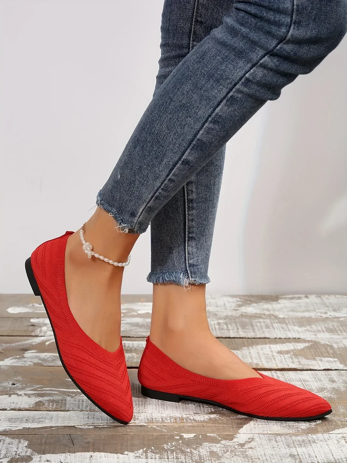 Solid Knitted Pointed-Toe Flats — Image 29