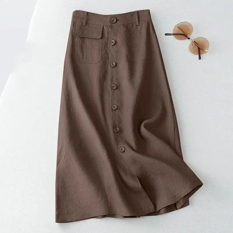 Cotton A-Line Midi Long Skirt with Buttons — Image 10