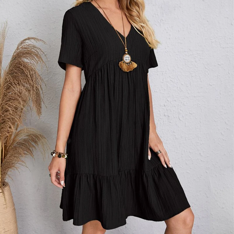 Boho Loose Solid Short Sleeve V-Neck Sundress — Image 34