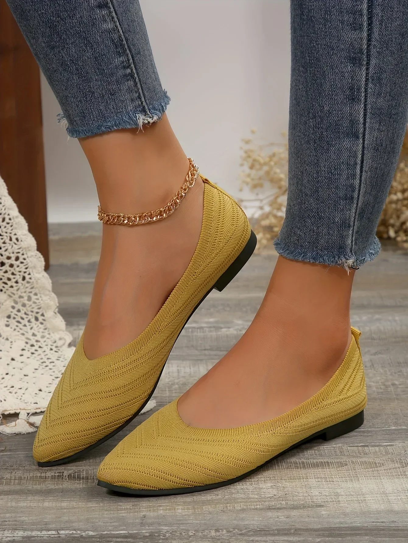 Solid Knitted Pointed-Toe Flats — Image 23