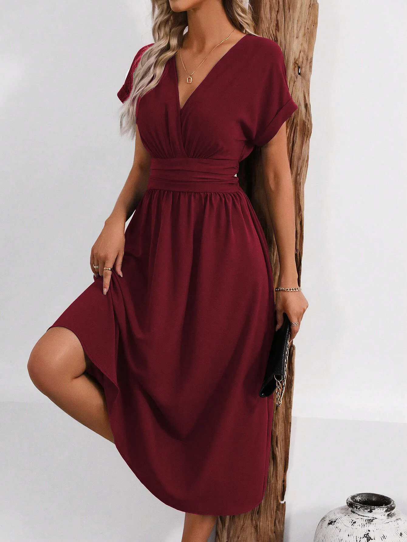 Solid V-Neck Summer Dress — Image 13