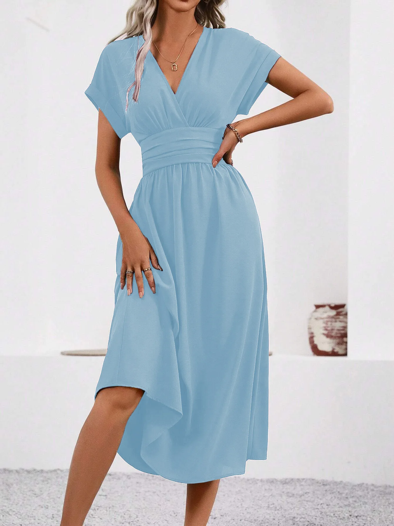 Solid V-Neck Summer Dress — Image 24