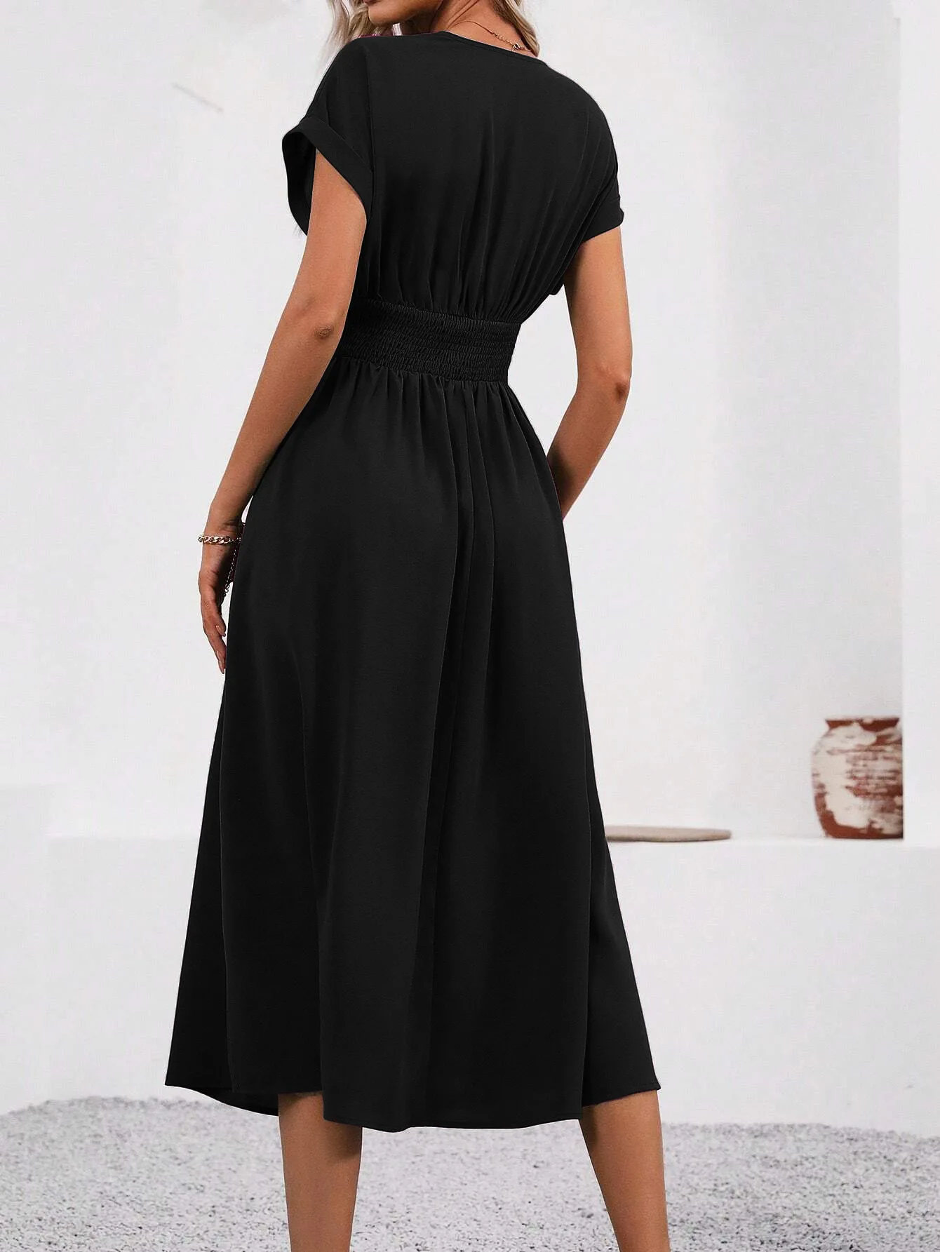 Solid V-Neck Summer Dress — Image 30