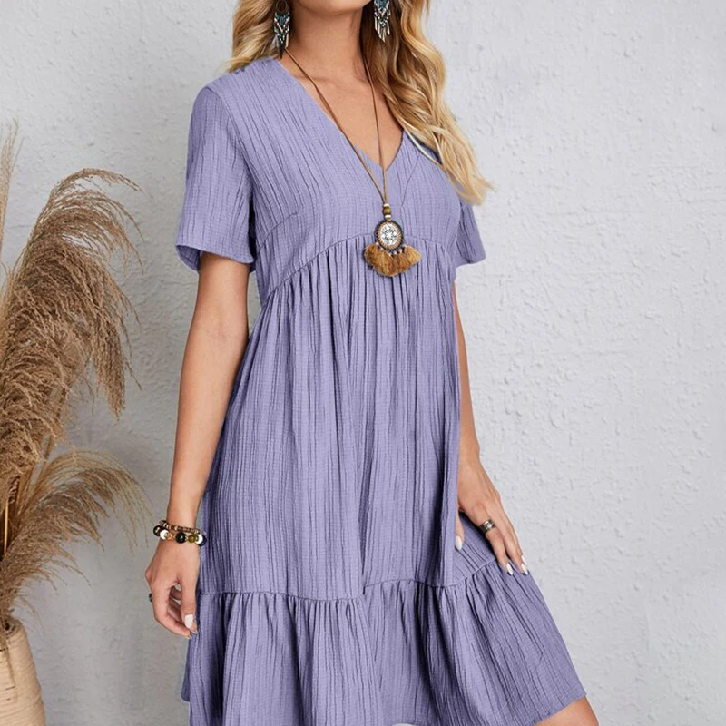 Boho Loose Solid Short Sleeve V-Neck Sundress — Image 28