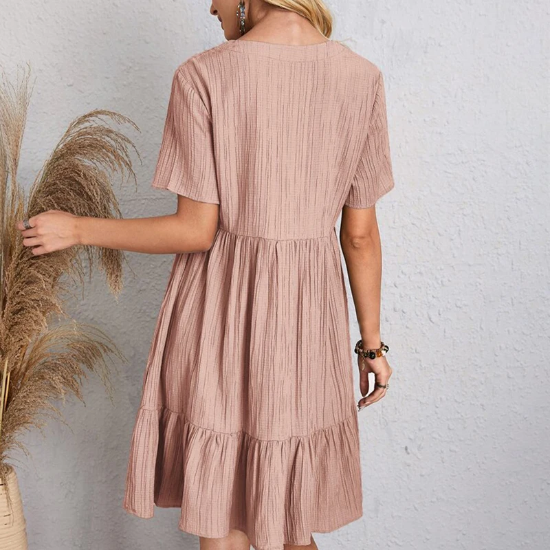 Boho Loose Solid Short Sleeve V-Neck Sundress — Image 30