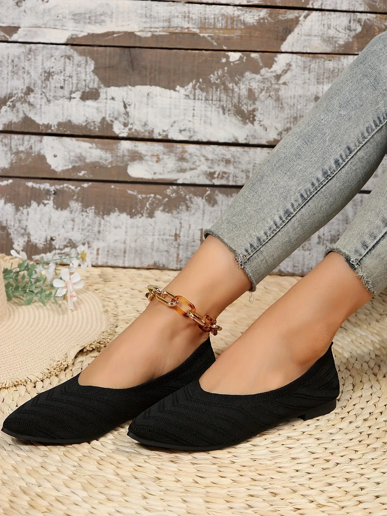 Solid Knitted Pointed-Toe Flats — Image 15