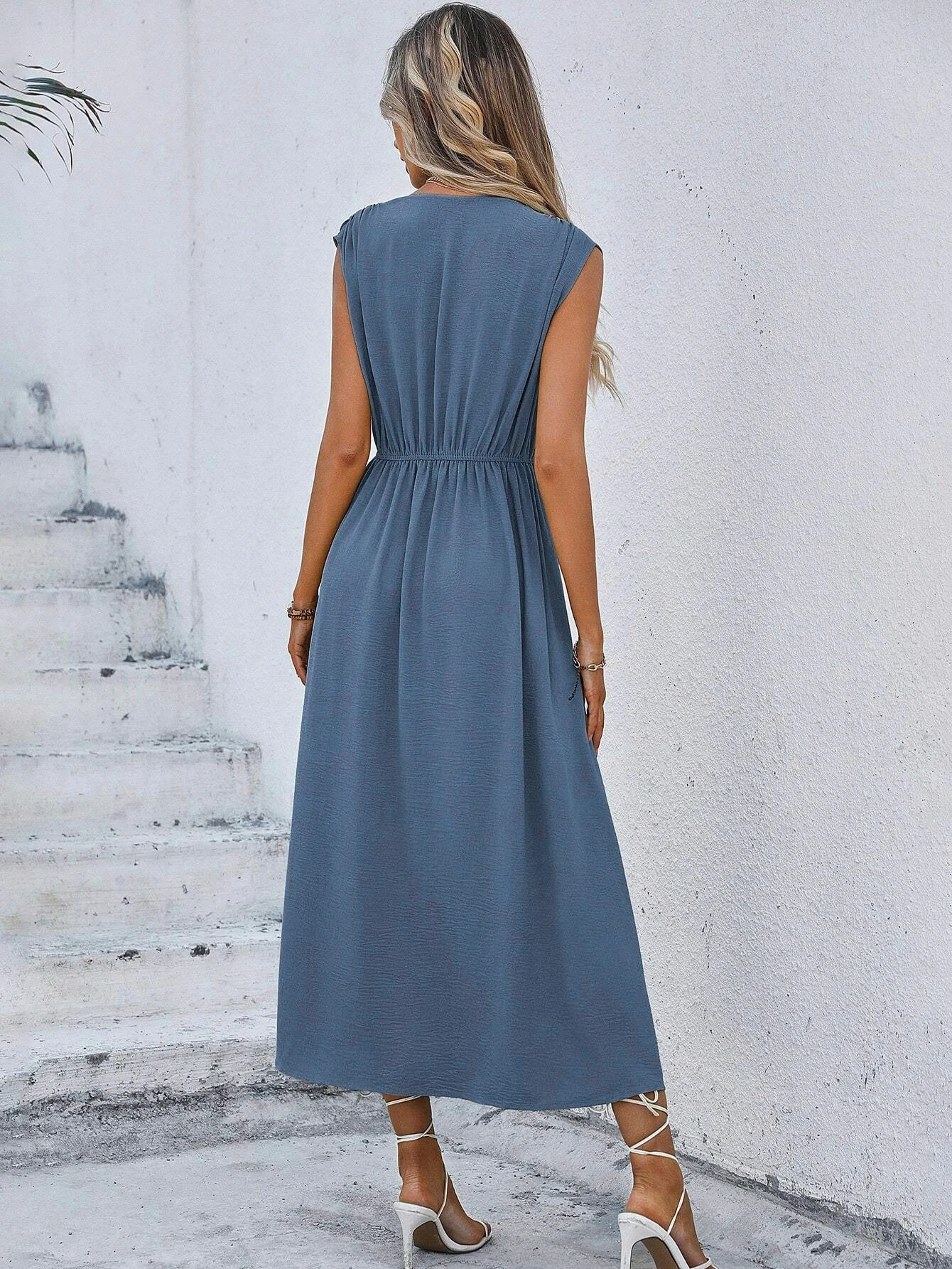 Solid Sleeveless A-Line Dress — Image 11