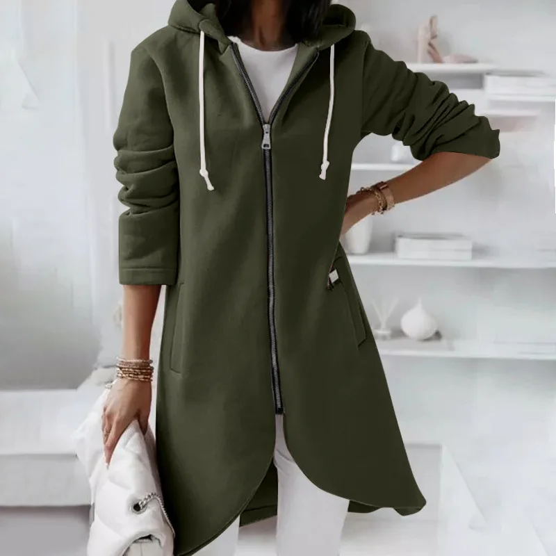 Solid Autumn Long Coat with Zipper — Image 11