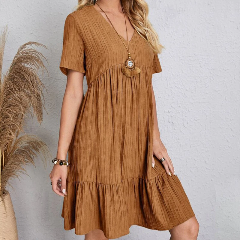 Boho Loose Solid Short Sleeve V-Neck Sundress — Image 26