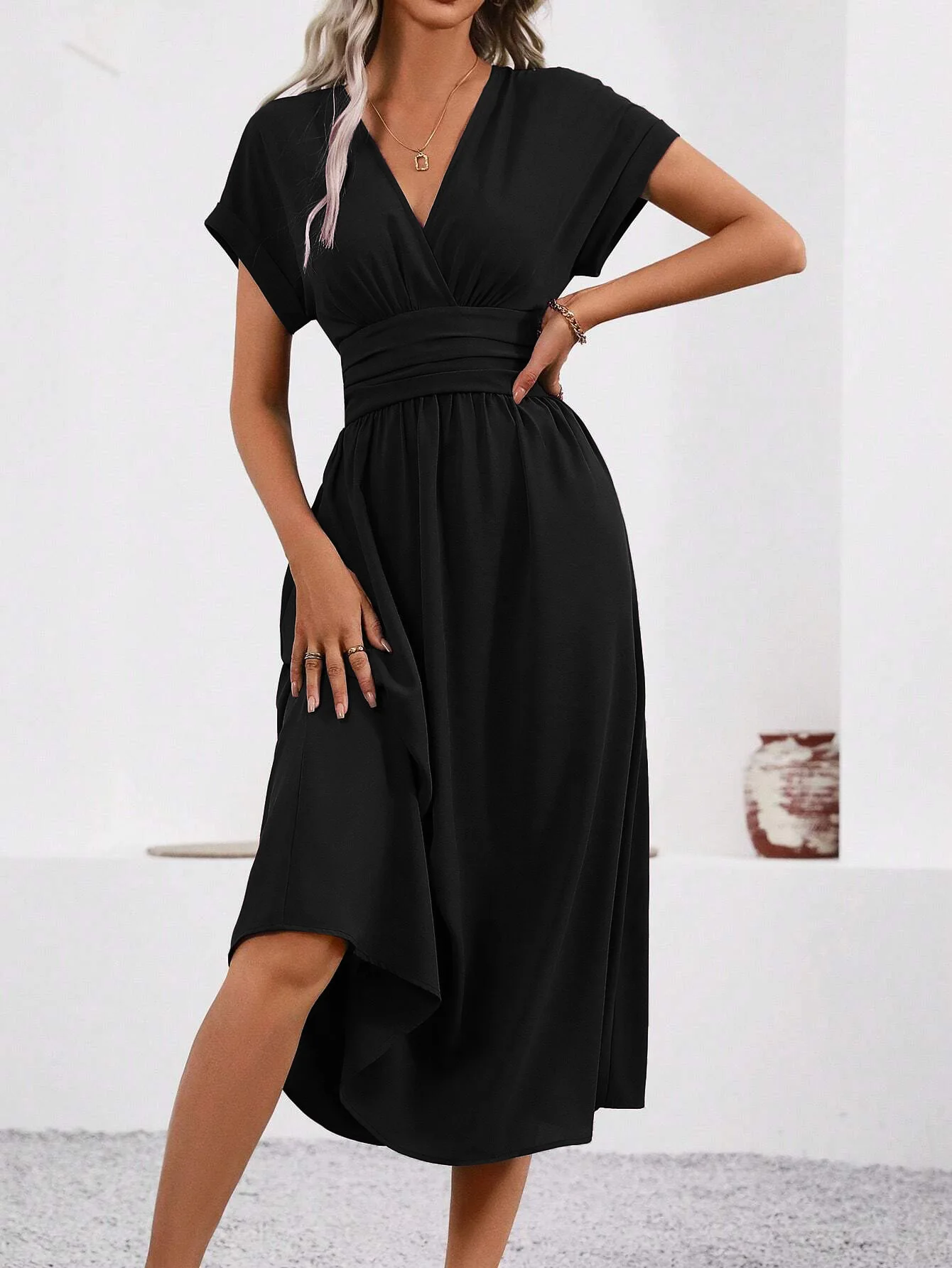 Solid V-Neck Summer Dress — Image 29