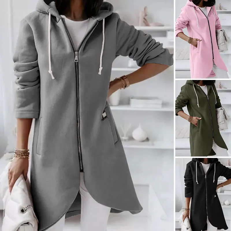 Solid Autumn Long Coat with Zipper — Image 7