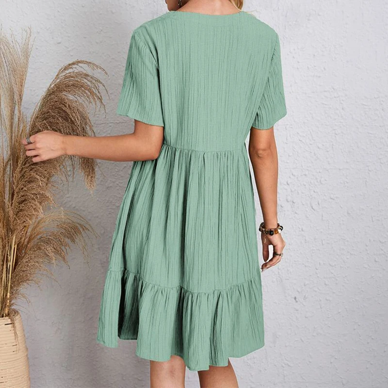 Boho Loose Solid Short Sleeve V-Neck Sundress — Image 31