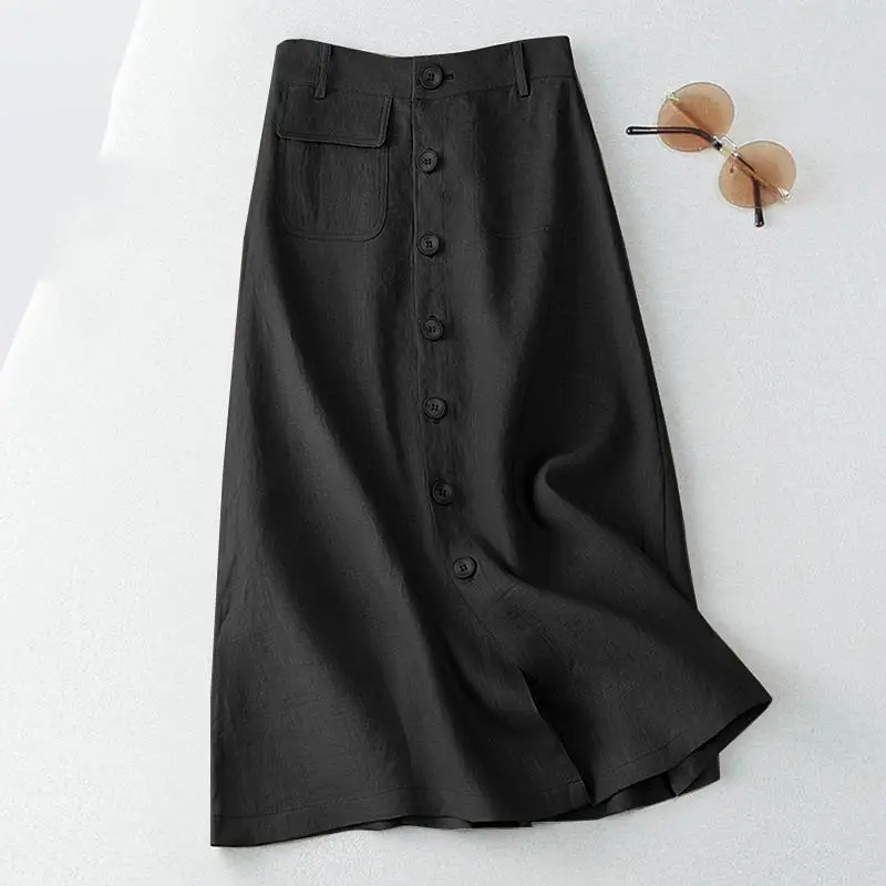Cotton A-Line Midi Long Skirt with Buttons — Image 8