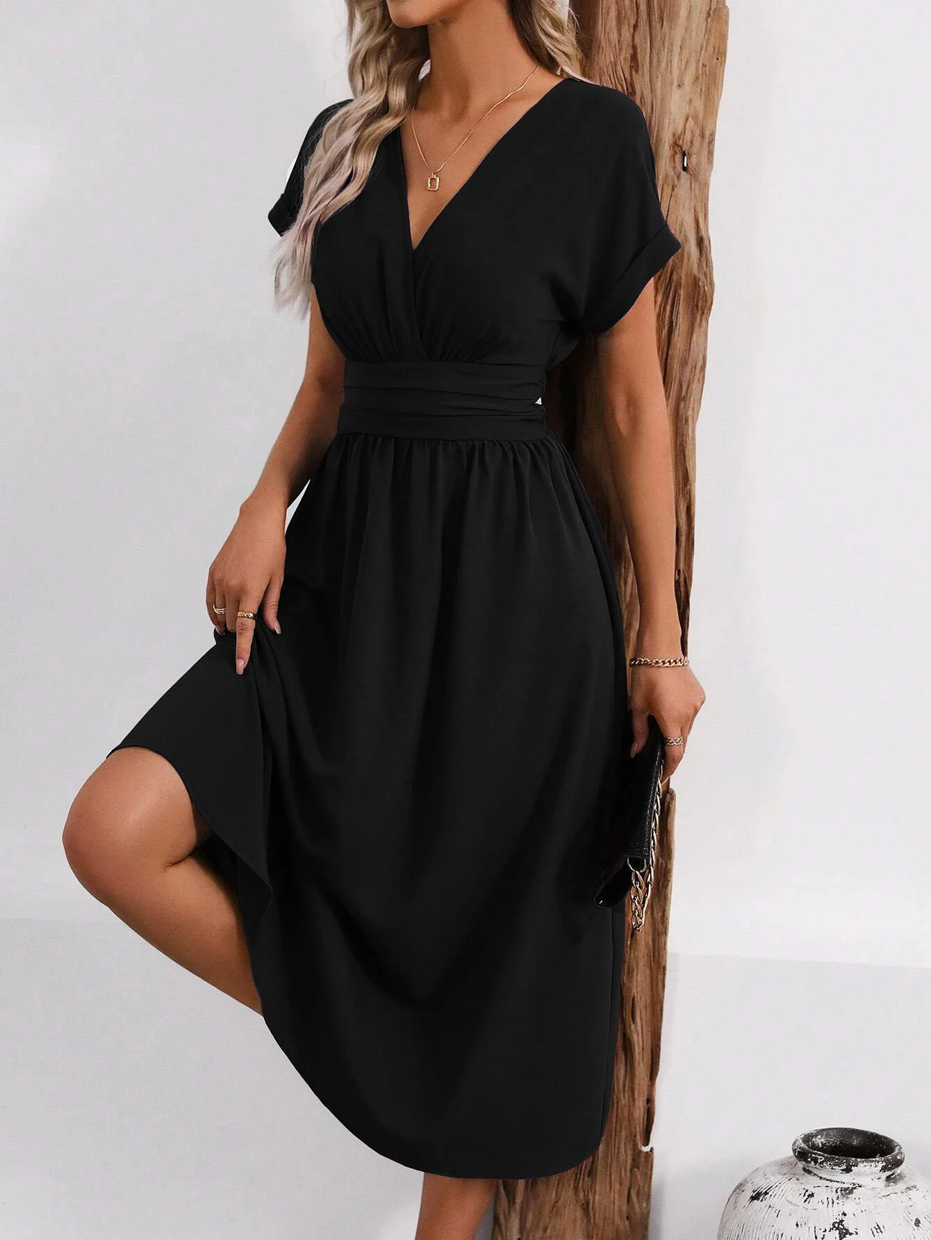 Solid V-Neck Summer Dress — Image 28