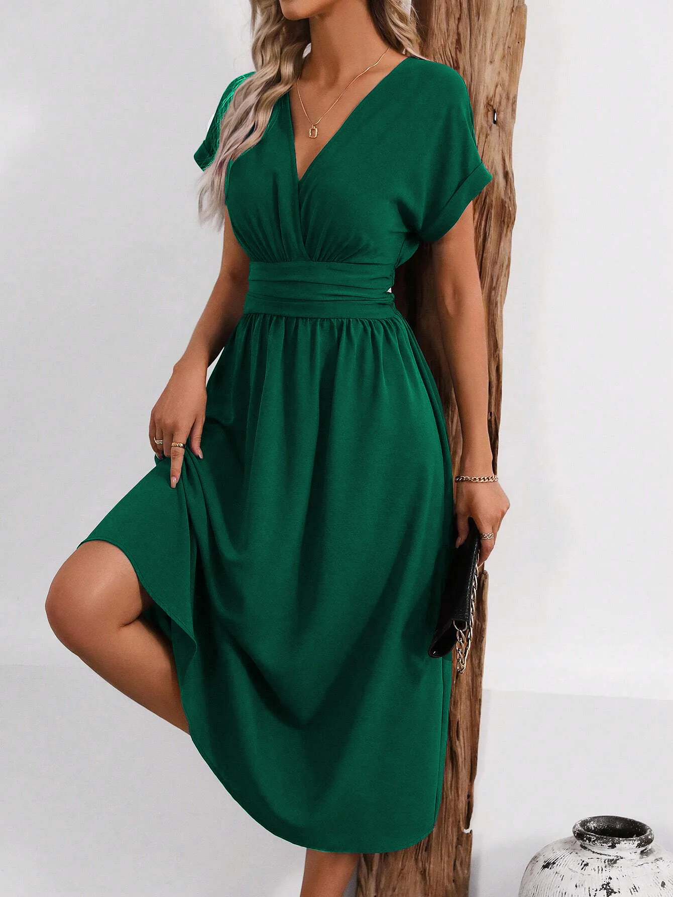 Solid V-Neck Summer Dress — Image 18