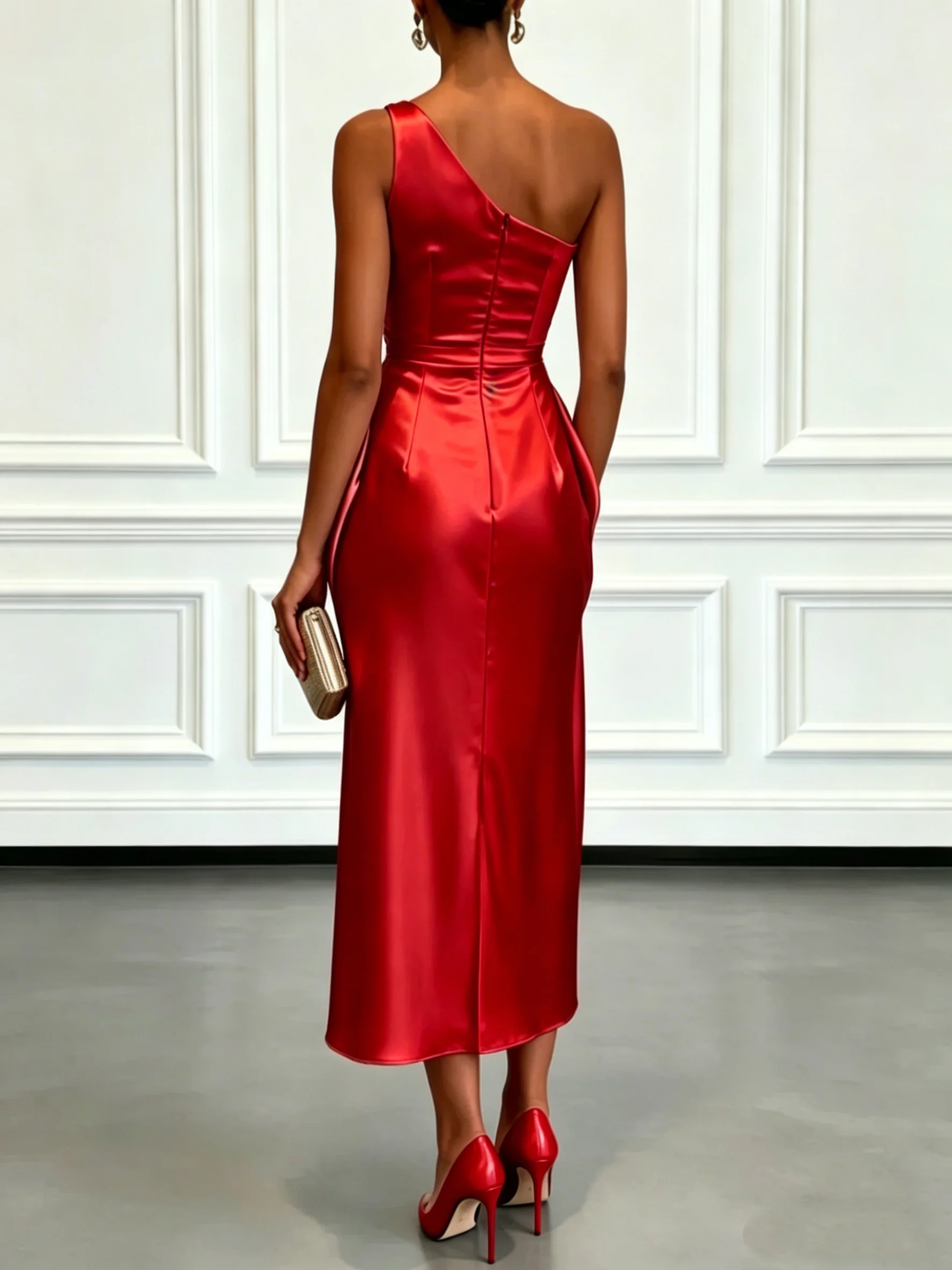 Formal Satin One-Shoulder Ruched Midi Dress — Image 5