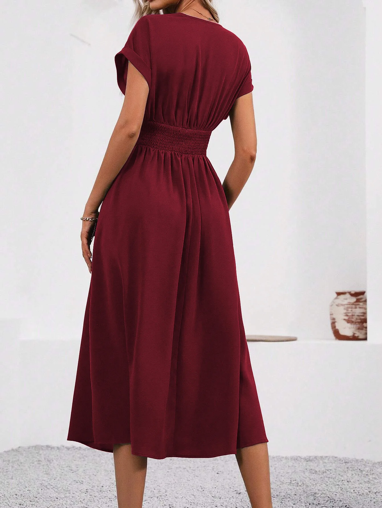Solid V-Neck Summer Dress — Image 15