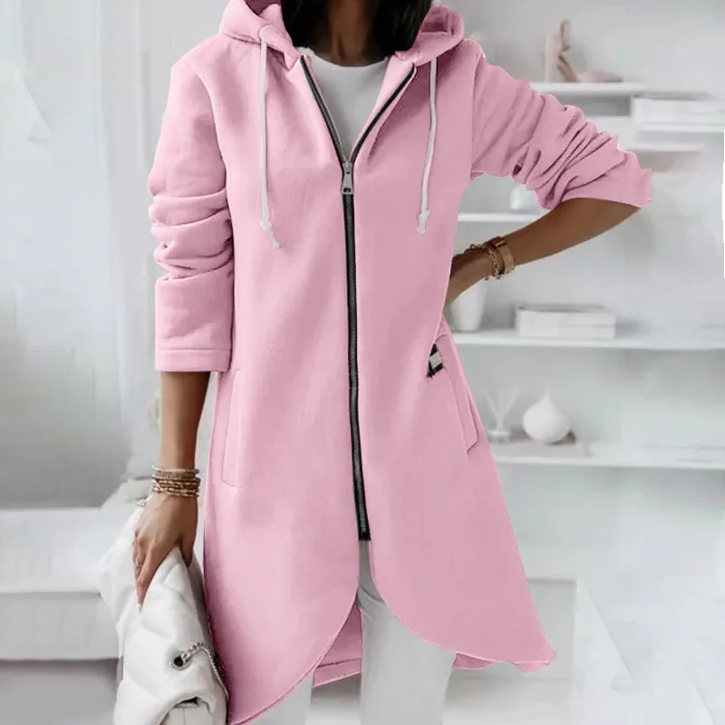 Solid Autumn Long Coat with Zipper — Image 8