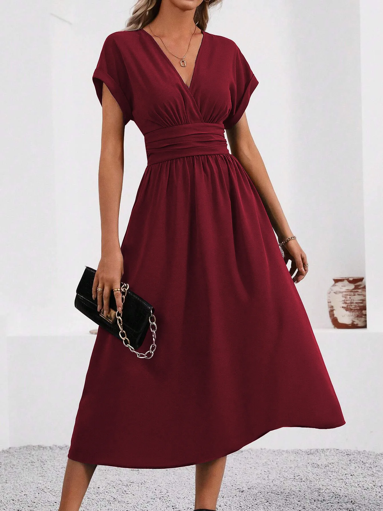 Solid V-Neck Summer Dress — Image 17