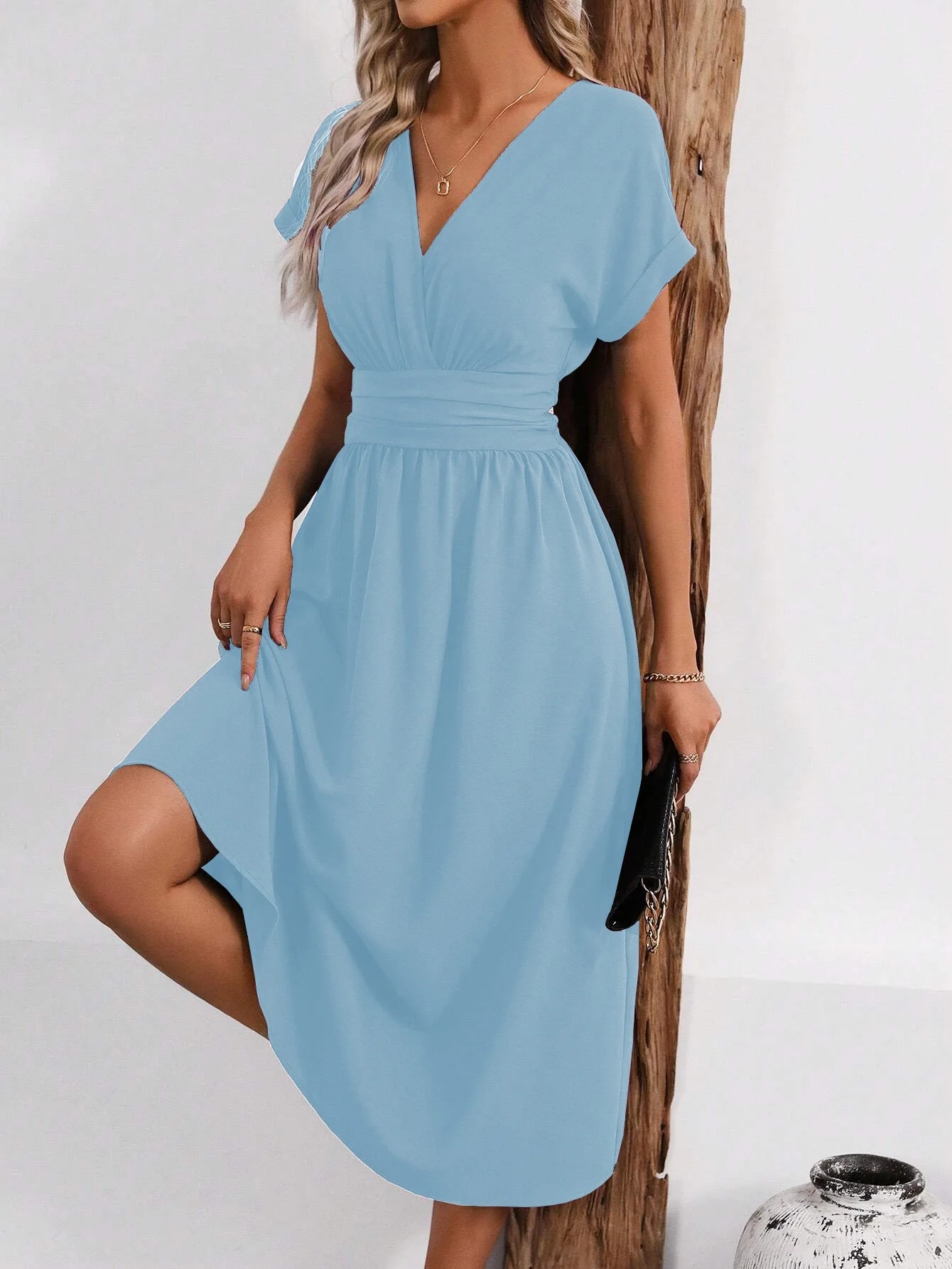 Solid V-Neck Summer Dress — Image 23
