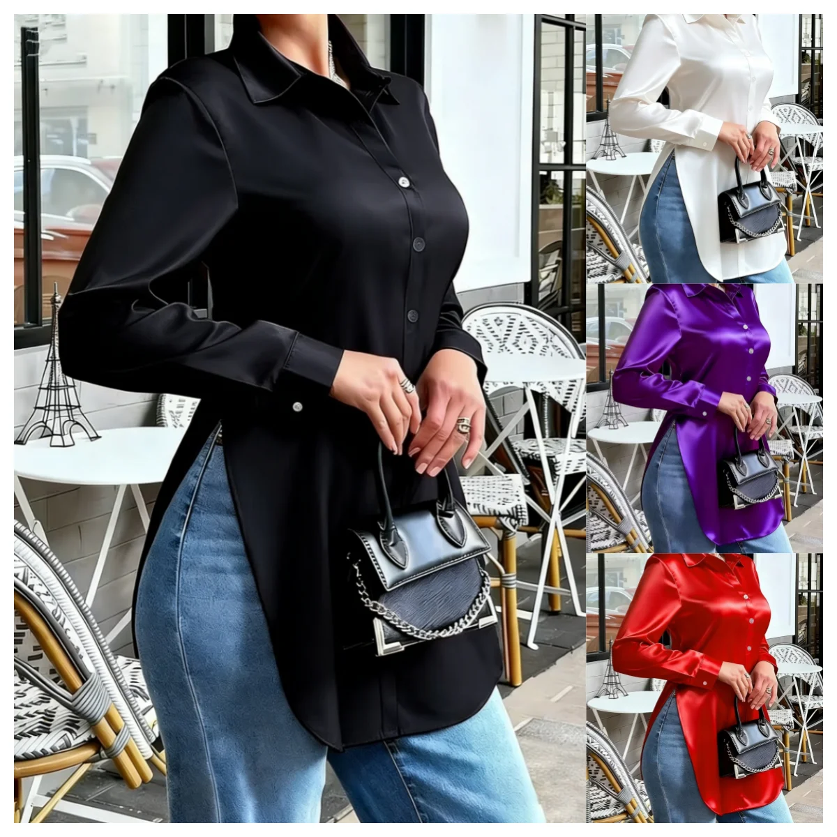 Satin Long Sleeve Blouse with Buttons — Image 2