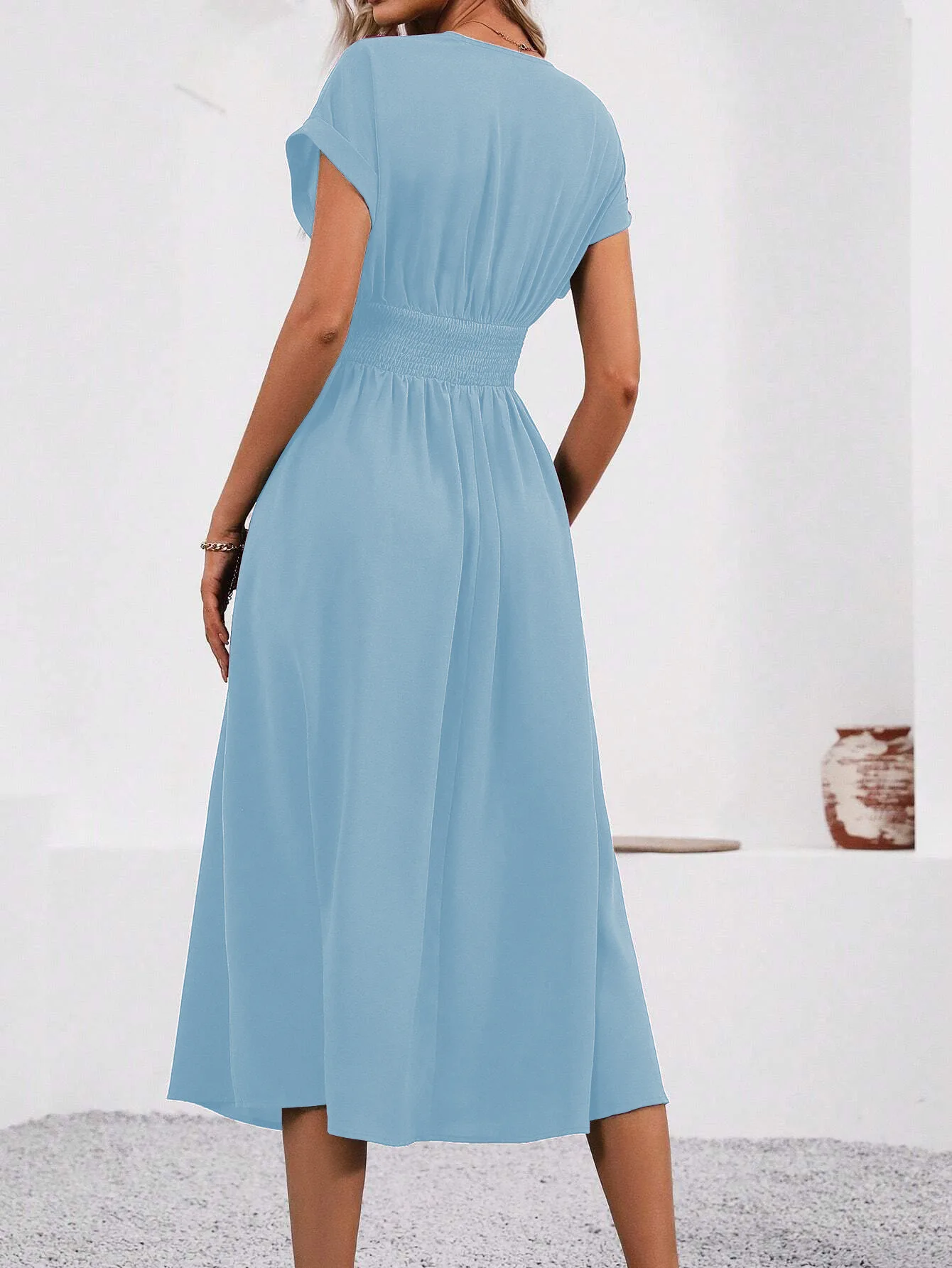 Solid V-Neck Summer Dress — Image 25