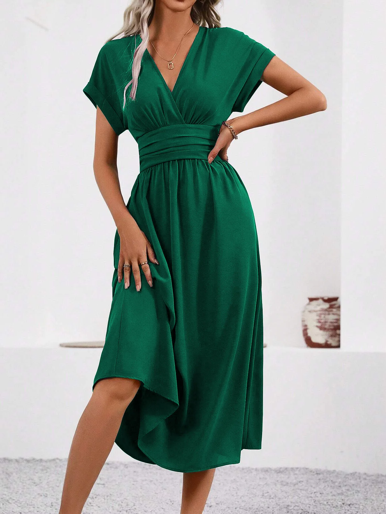 Solid V-Neck Summer Dress — Image 19