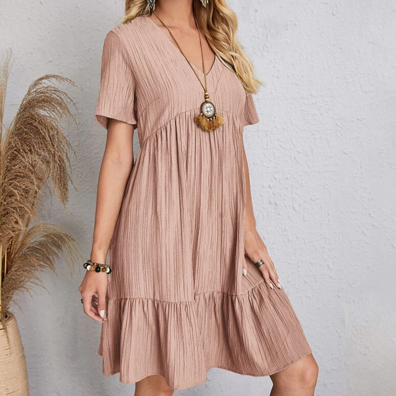 Boho Loose Solid Short Sleeve V-Neck Sundress — Image 29