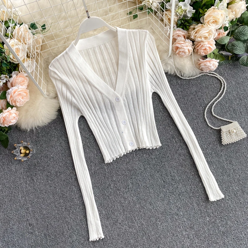Knitted Ribbed Long Sleeve V-Neck Cardigan — Image 12