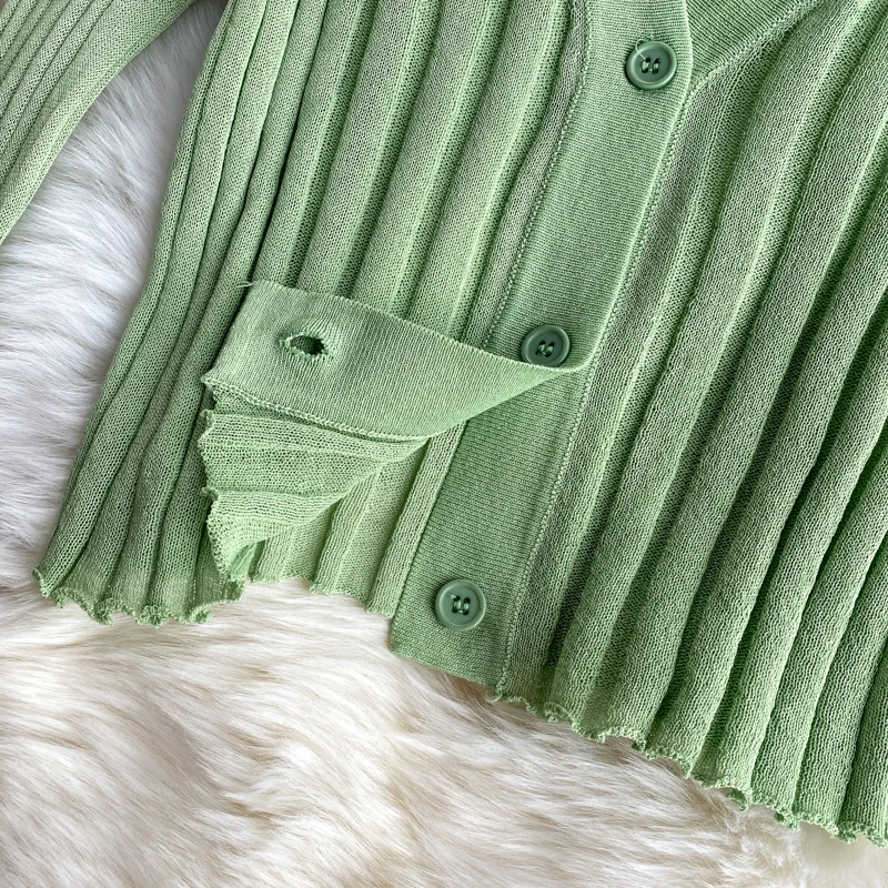 Knitted Ribbed Long Sleeve V-Neck Cardigan — Image 22