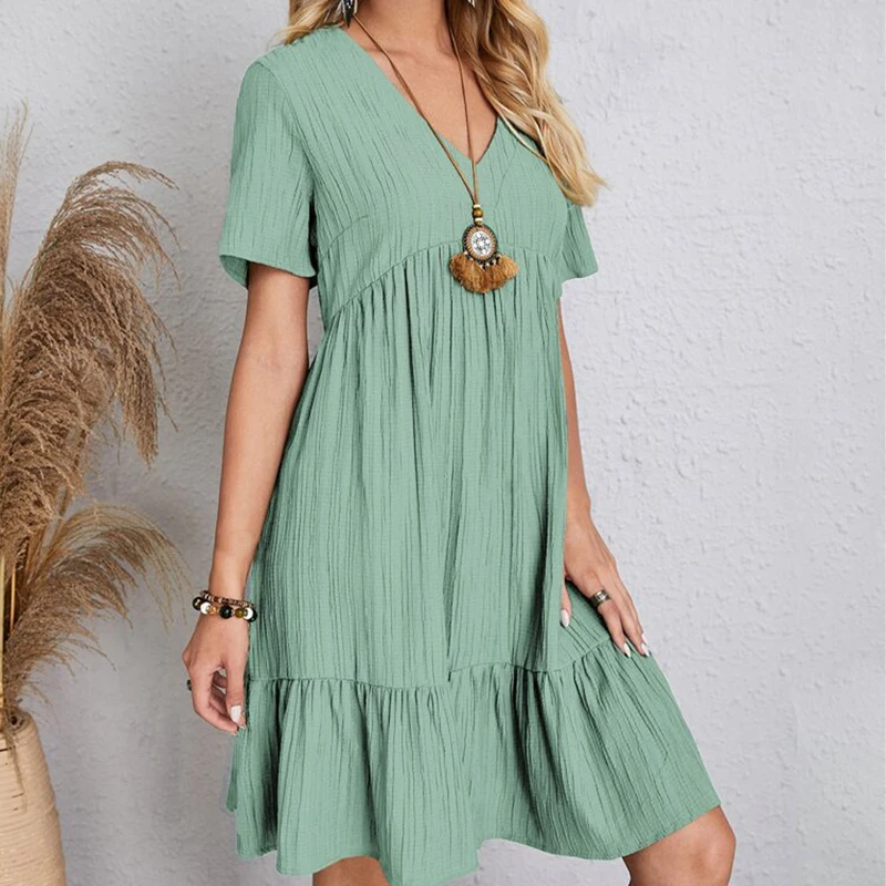 Boho Loose Solid Short Sleeve V-Neck Sundress — Image 35