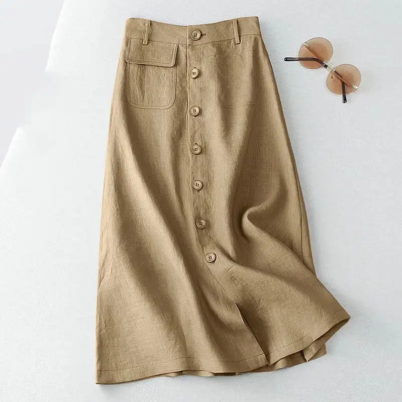 Cotton A-Line Midi Long Skirt with Buttons — Image 6