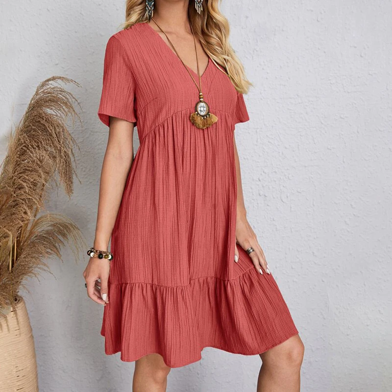 Boho Loose Solid Short Sleeve V-Neck Sundress — Image 33