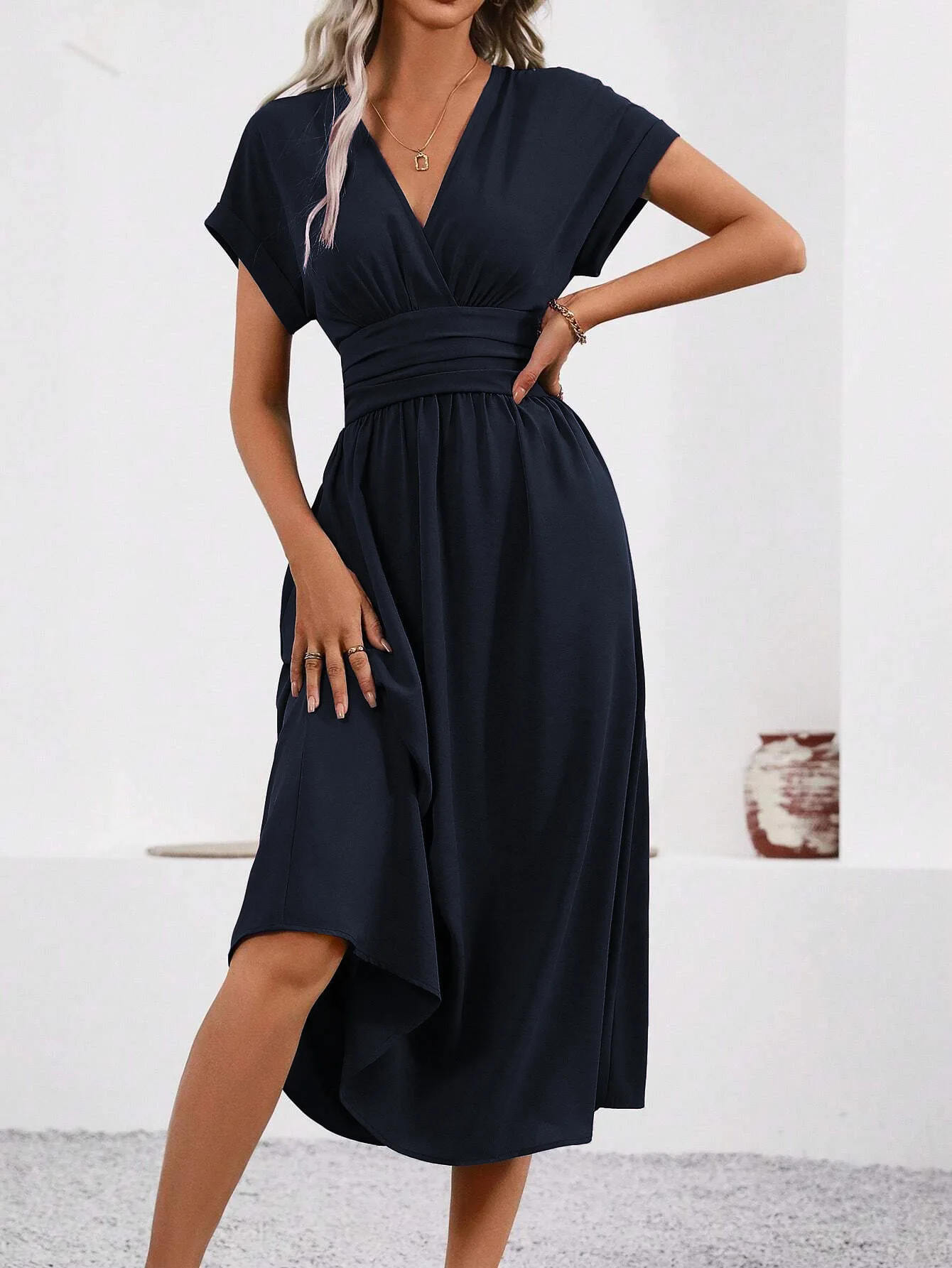 Solid V-Neck Summer Dress — Image 9