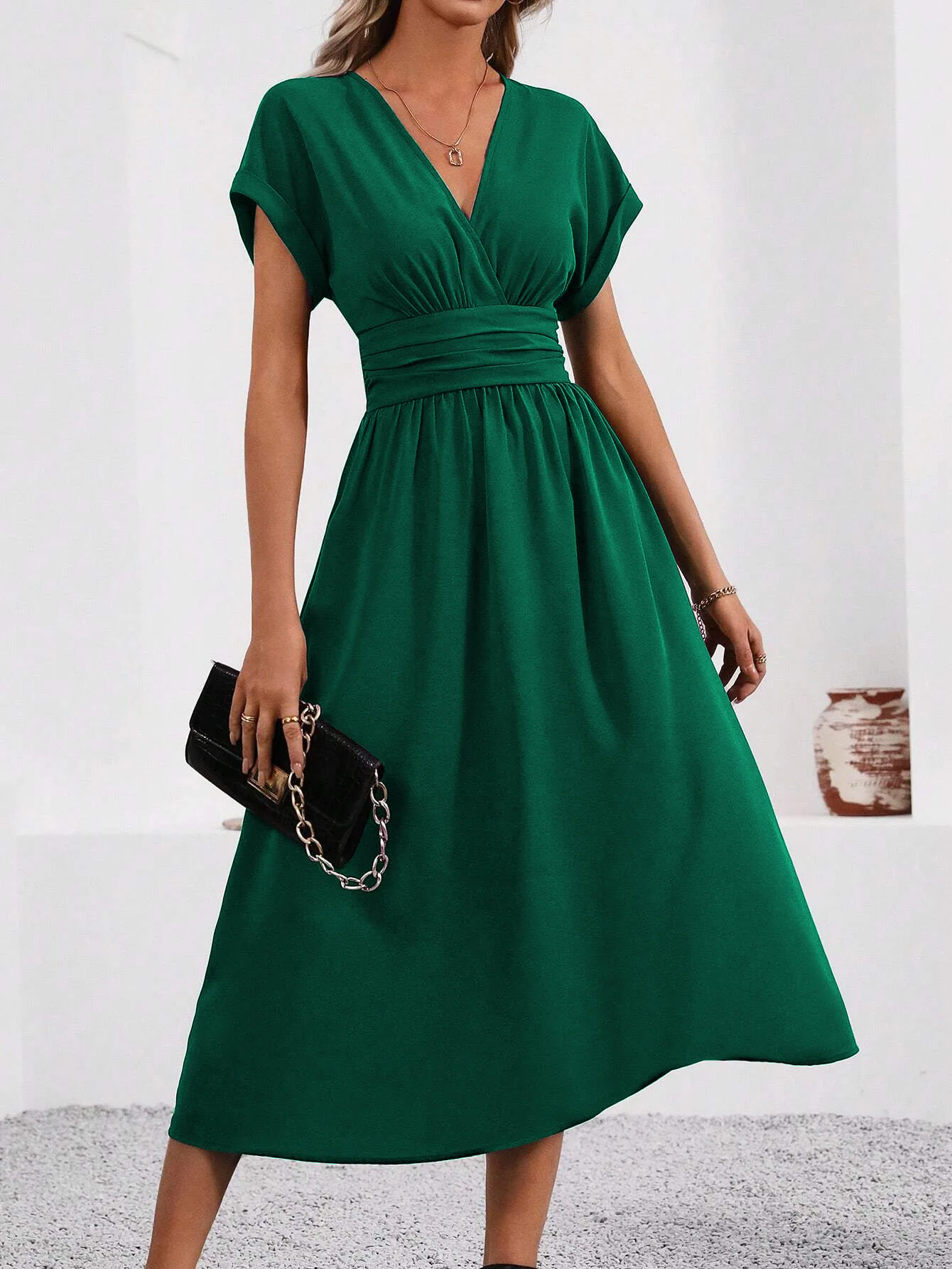 Solid V-Neck Summer Dress — Image 22