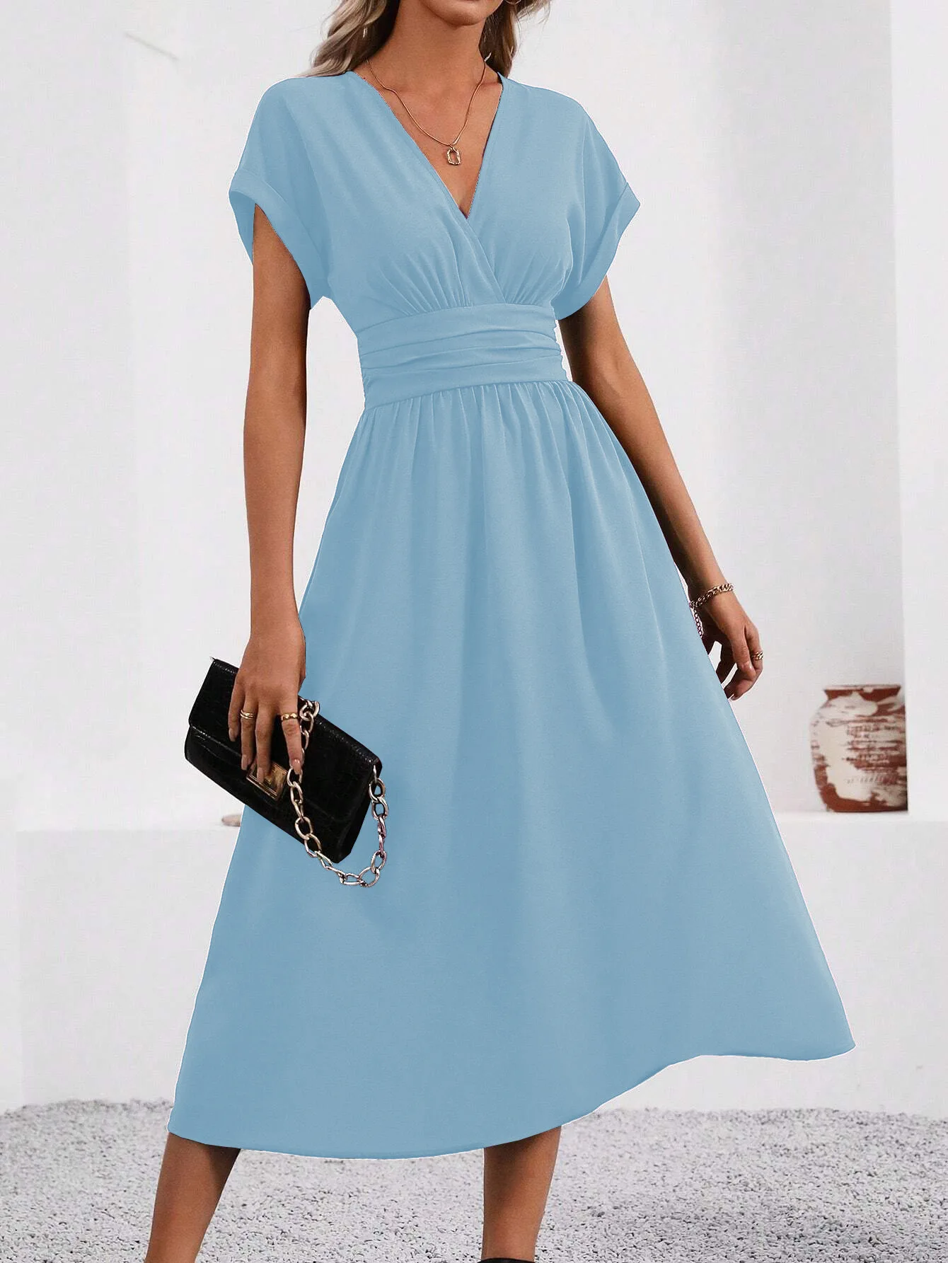 Solid V-Neck Summer Dress — Image 27