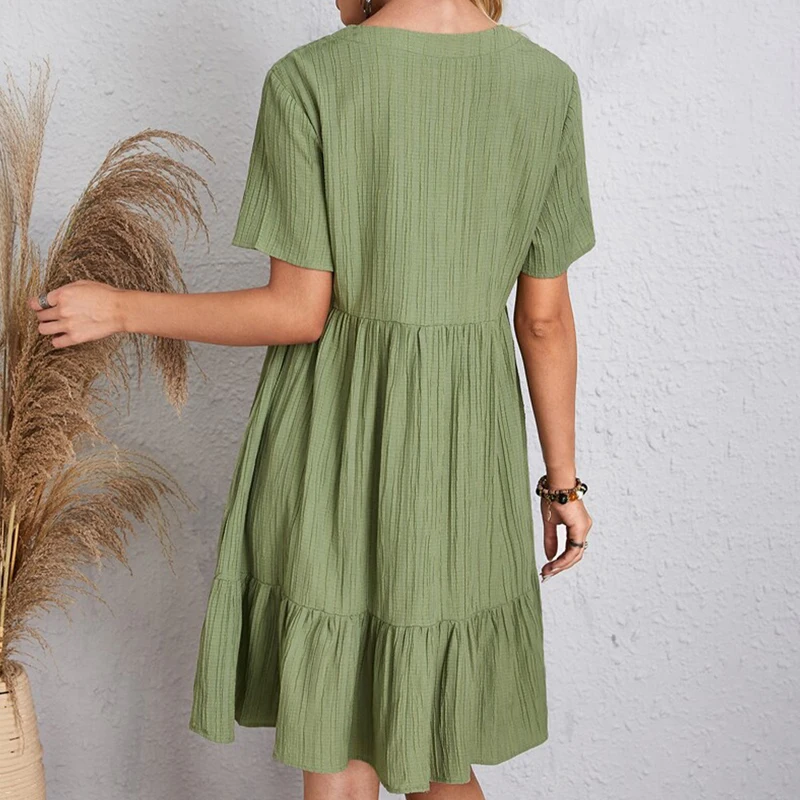 Boho Loose Solid Short Sleeve V-Neck Sundress — Image 24
