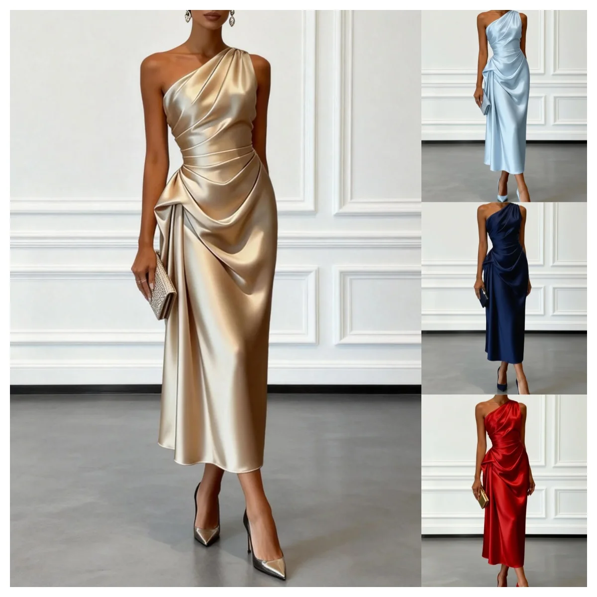 Formal Satin One-Shoulder Ruched Midi Dress