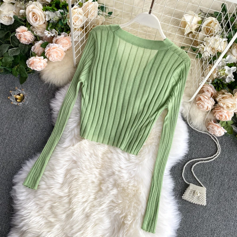Knitted Ribbed Long Sleeve V-Neck Cardigan — Image 6