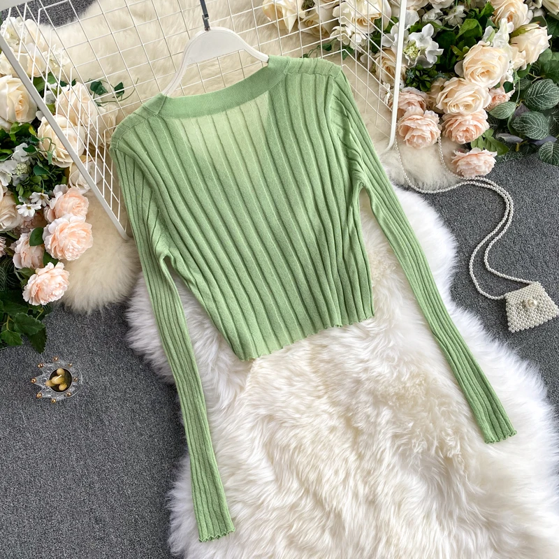 Knitted Ribbed Long Sleeve V-Neck Cardigan — Image 24