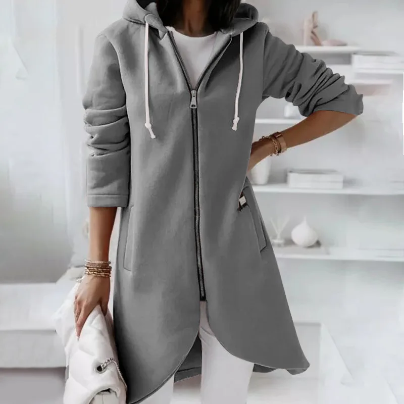 Solid Autumn Long Coat with Zipper — Image 15