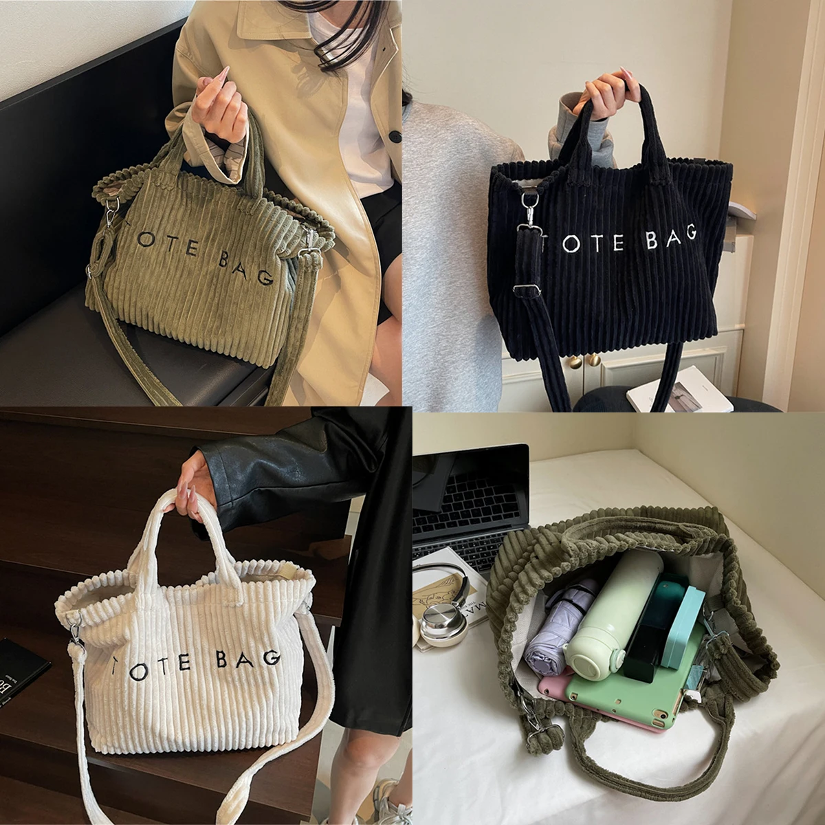 Large-Capacity Striped Velvet Shoulder Bag — Image 3