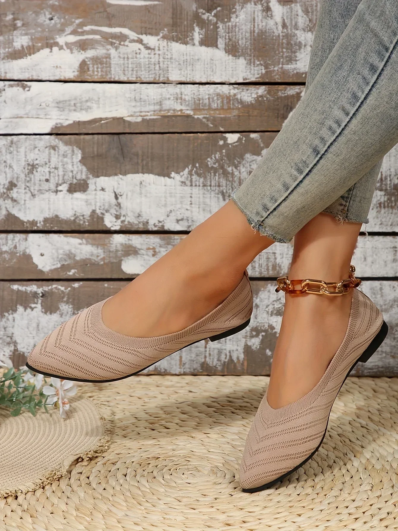 Solid Knitted Pointed-Toe Flats — Image 9