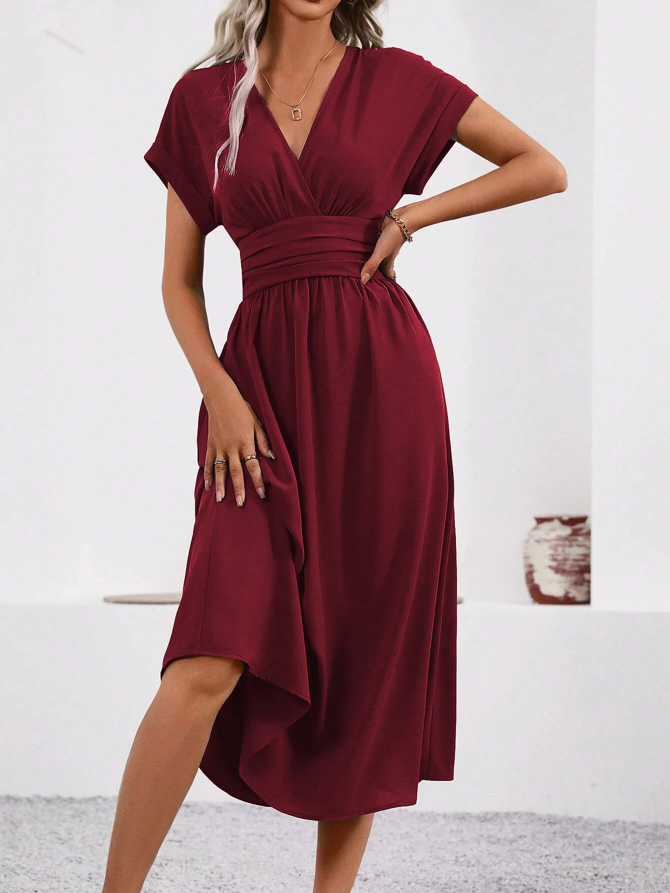 Solid V-Neck Summer Dress — Image 14
