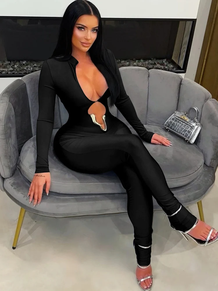 Solid Long Sleeve Hollow-Out Jumpsuit — Image 4