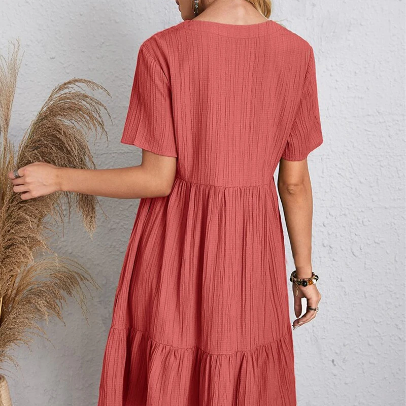 Boho Loose Solid Short Sleeve V-Neck Sundress — Image 27