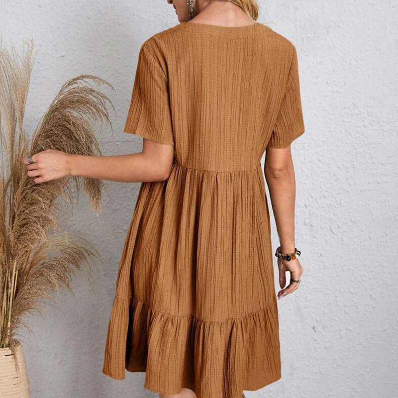 Boho Loose Solid Short Sleeve V-Neck Sundress — Image 25