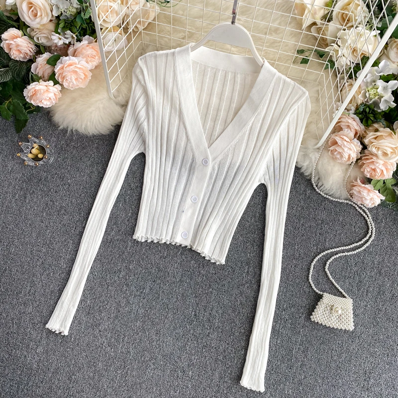 Knitted Ribbed Long Sleeve V-Neck Cardigan — Image 14